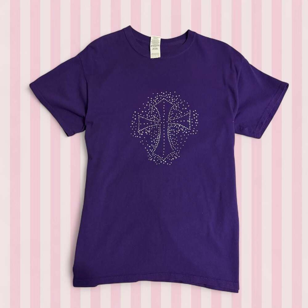 Gildan Purple Rhinestone Cross and Angel Wings T-Shirt